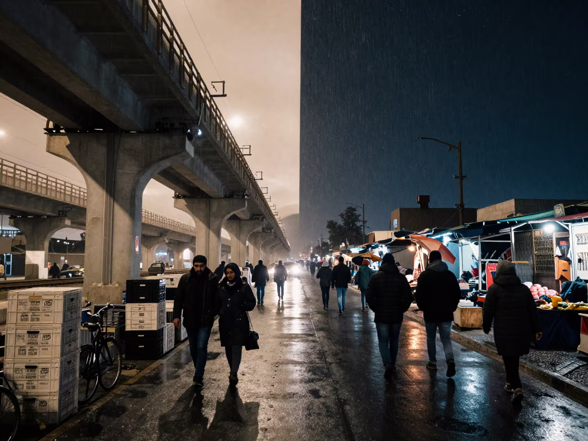 Night Commuters Under Train Tracks Zakho in under an elevated train line in Zakho