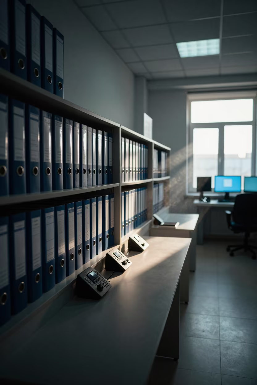 Night compliance review room with policy binders in in an operations center under monitor glow in Uşak