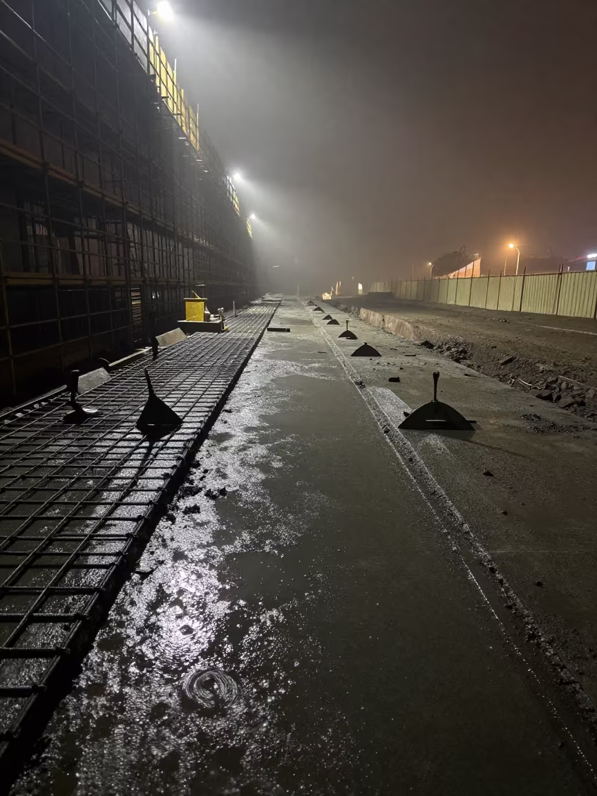 Night concrete pour Sohag monsoon mist in along a scaffolded facade in Sohag