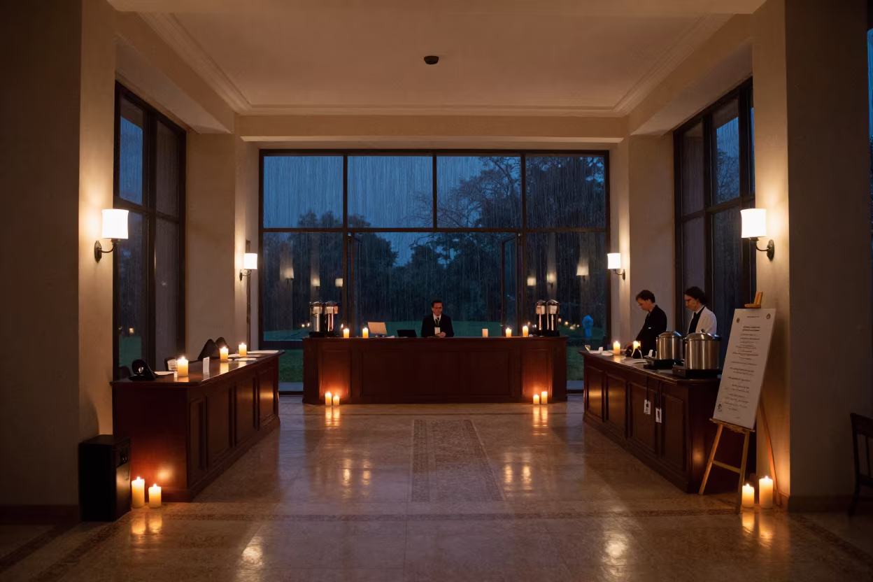 Night Conference Foyer Registration Desk with Candlelight in at a reception desk under warm light in Constanta