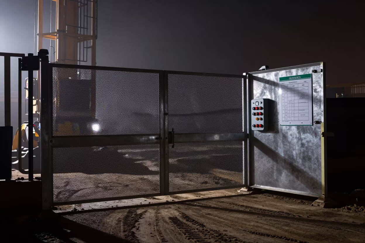 Night Construction Elevator Gate Congo Shadow in inside a taped-off excavation edge in Congo
