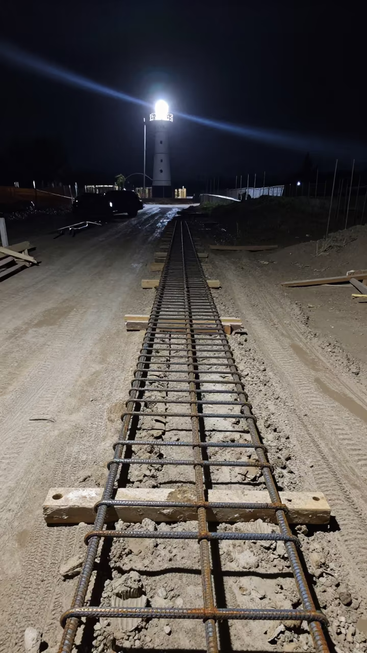 Night Construction Rebar Cage Muddy Site Cabimas in at a muddy site access road in Cabimas