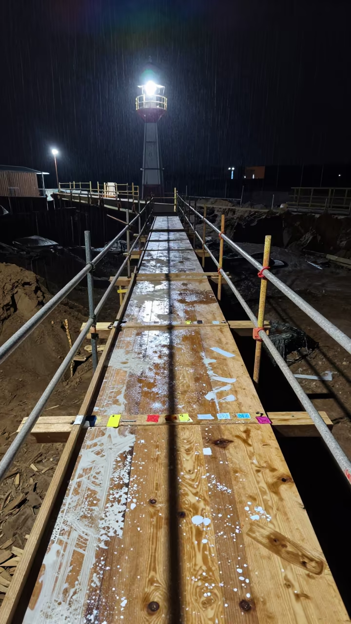 Night Construction Scaffold Rain Wet Plywood in inside a taped-off excavation edge in Oskemen