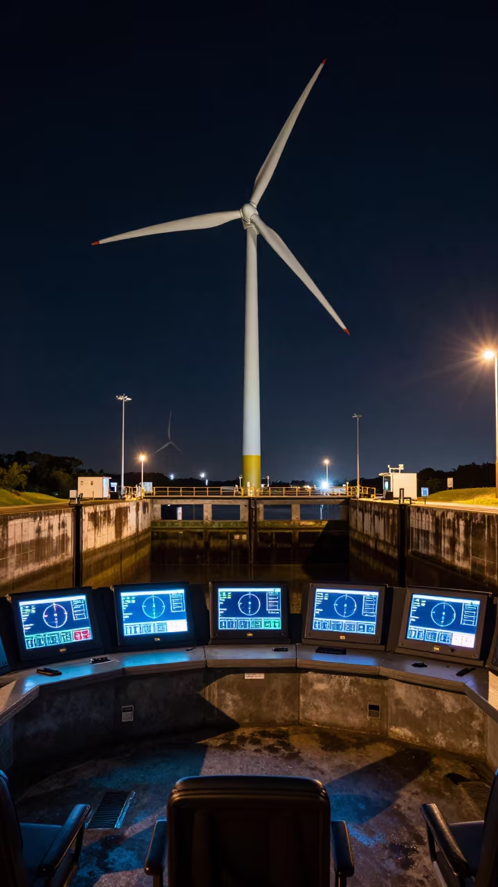 Night Control Room at Canal Lock Rio Grande do Sul in at a canal lock chamber in Rio Grande do Sul