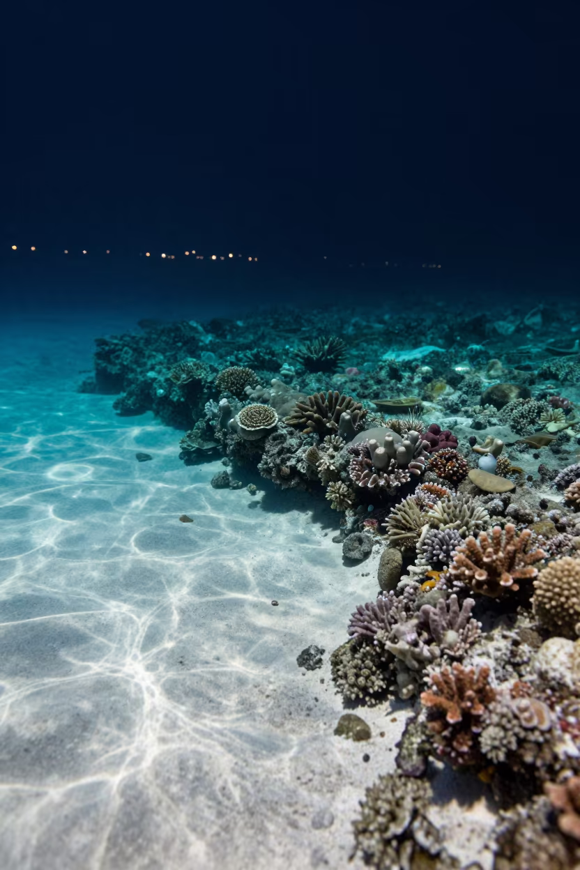 Night Coral Cay Rim Light Under Belize Water in beside a reef crevice under clear water near Belize City