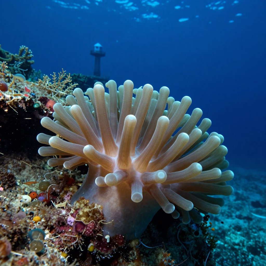 Night Coral Polyp Macro Stone Town Reef in beneath a reef ledge in tropical shallows near Stone Town