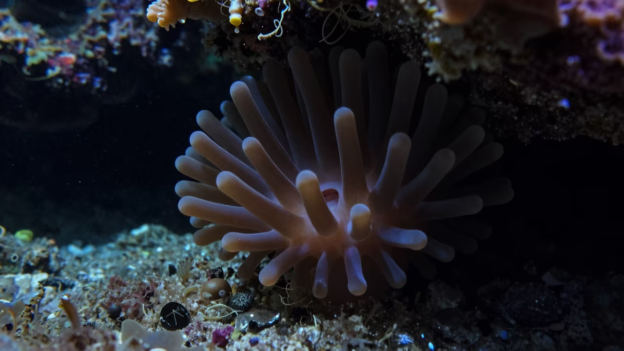 Night coral polyp tentacles reef ledge in beneath a reef ledge in tropical shallows near Cairns