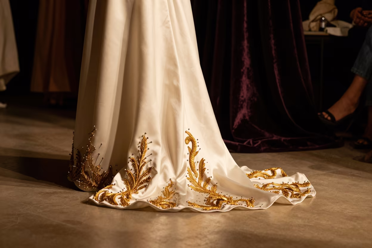 Night Couture Fitting Pins Along Silk Hem in inside a couture atelier near 6th of October