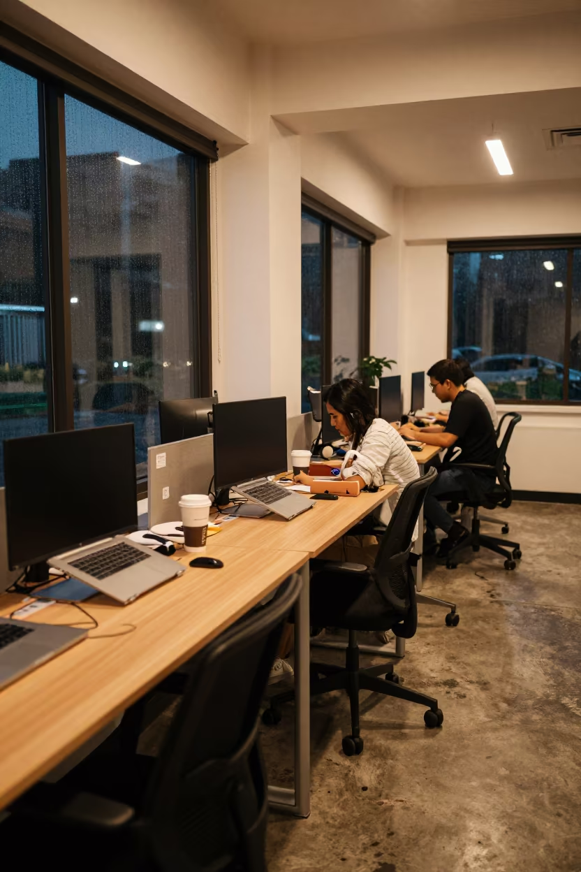 Night Coworking Desk Row Boconó Rain in inside a coworking floor near Boconó