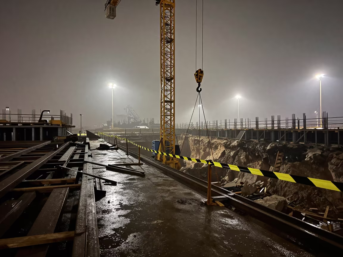 Night Crane Rigging After Rain in Tehran in inside a taped-off excavation edge in Darakeh, Tehran