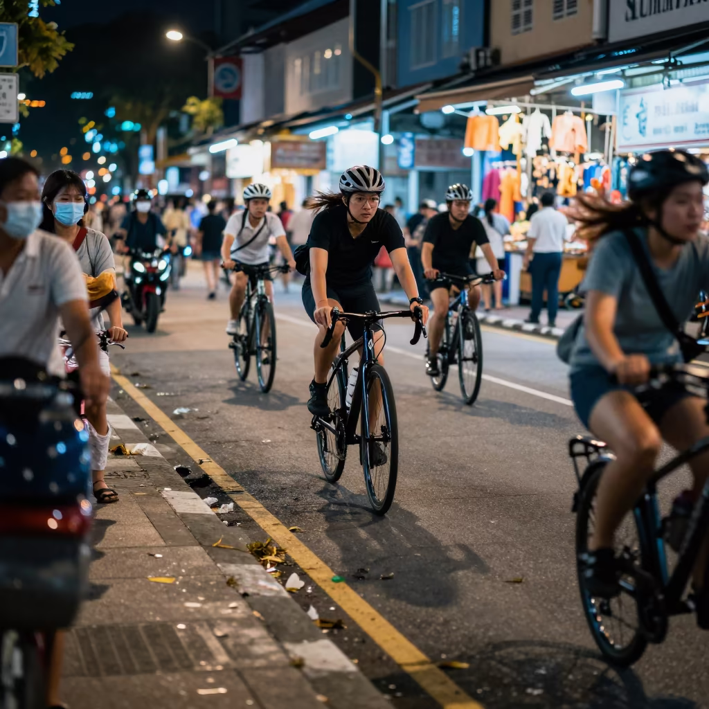 Night Cyclist Navigates Crowded Singapore Market Street in along a market-lined side street in Singapore