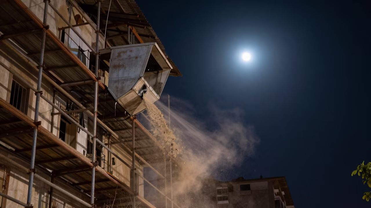 Night Demolition Chute Moonlight Construction Site in along a scaffolded facade in Phnom Penh