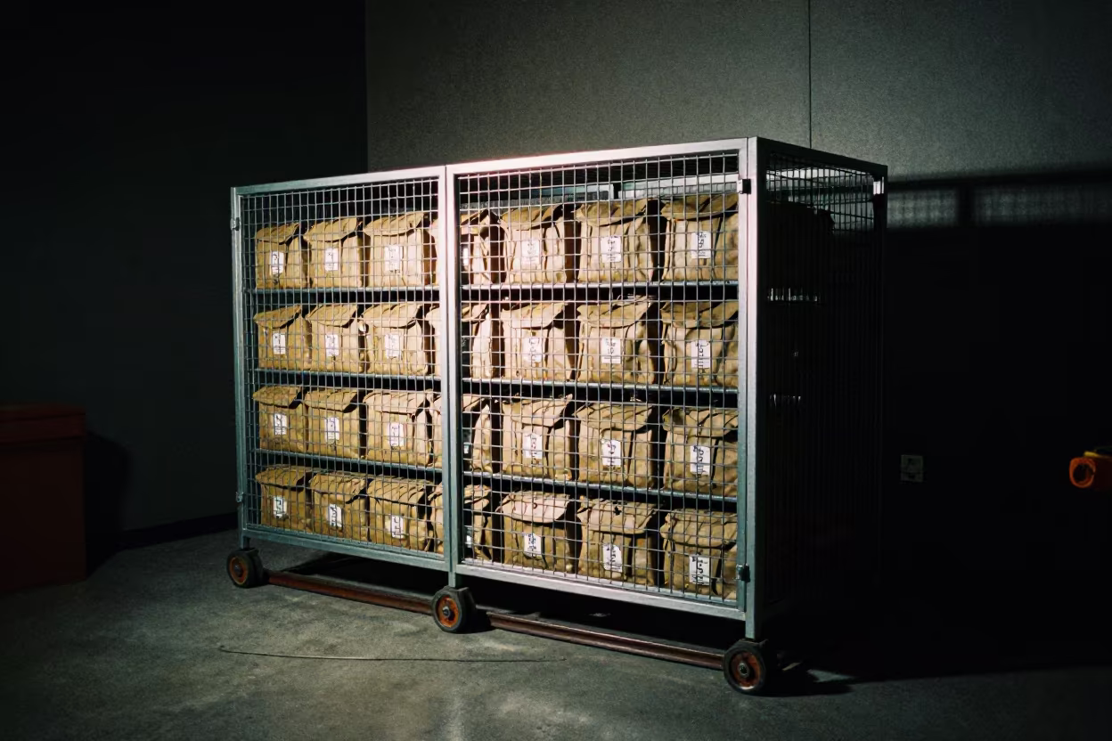 Night Dispatch Mail Cage With Route Sacks in inside a dispatch office above the dock near Calgary