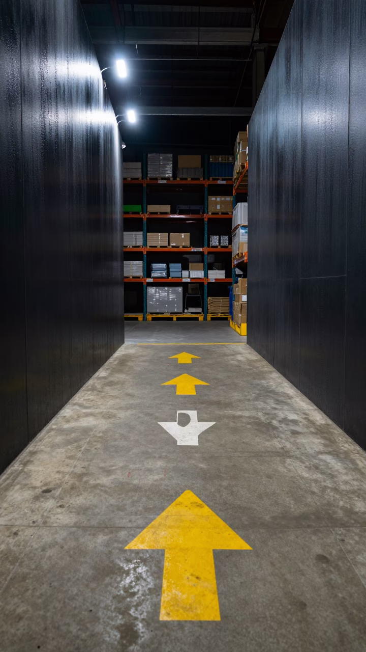 Night Distribution Center Floor Havana Arrows in inside a fulfillment packing zone near Havana