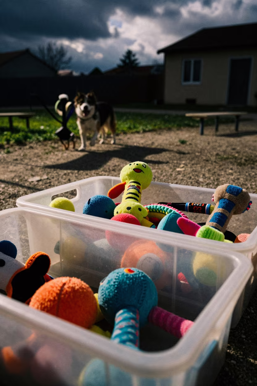 Night Dog Training Check with Toys in Rimini in in a dog daycare yard in Rimini