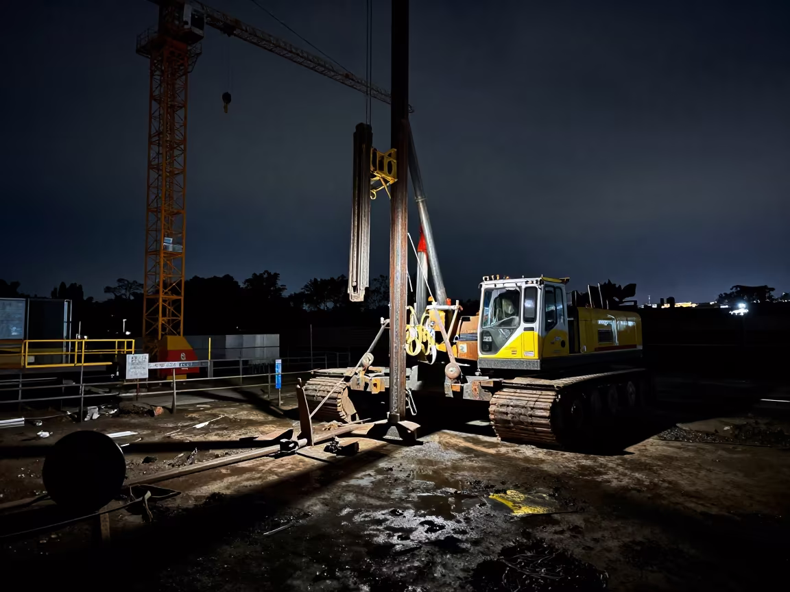 Night Drill Rig Under Tower Crane Near Ibarra in beneath a tower crane on open ground near Ibarra