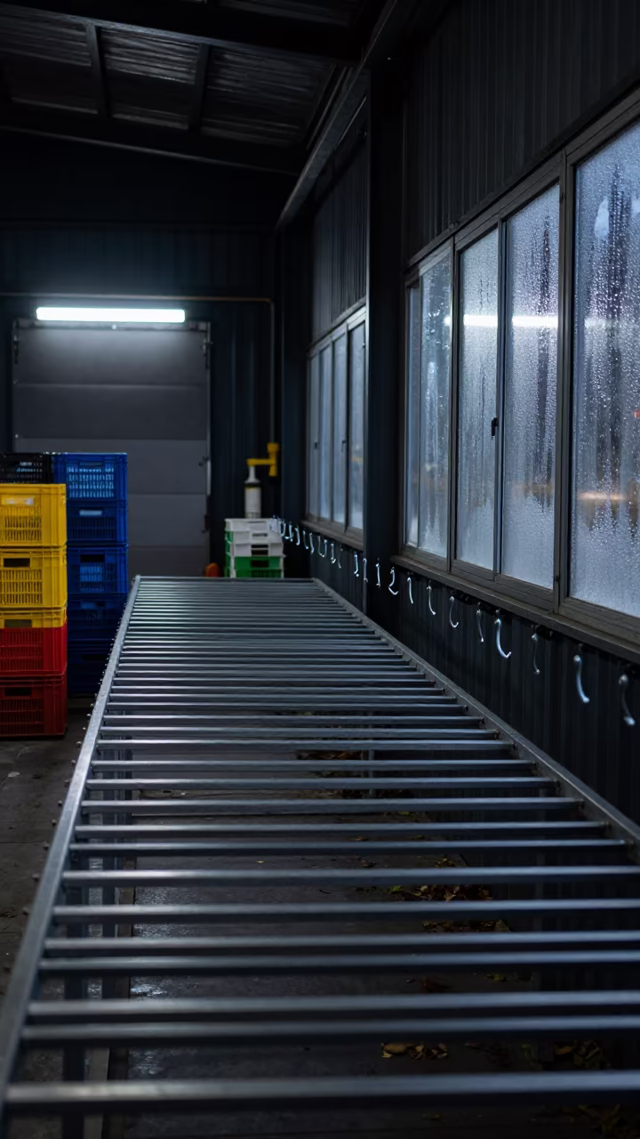 Night Drying Hooks and Crate Stacks in Sarajevo Warehouse in inside a fulfillment packing zone near Sarajevo