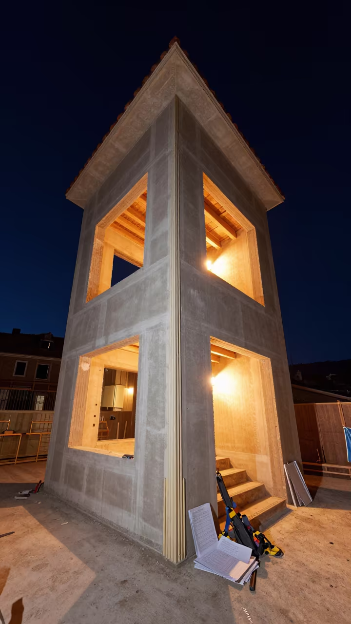Night Drywall Beads in Basque Stair Tower in inside a bare shell stair tower in the Basque Country