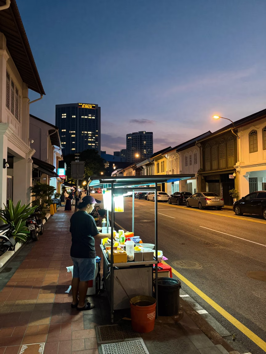 Night Dusk in George Town at As City Lights Begin To Glow in in George Town, Malaysia