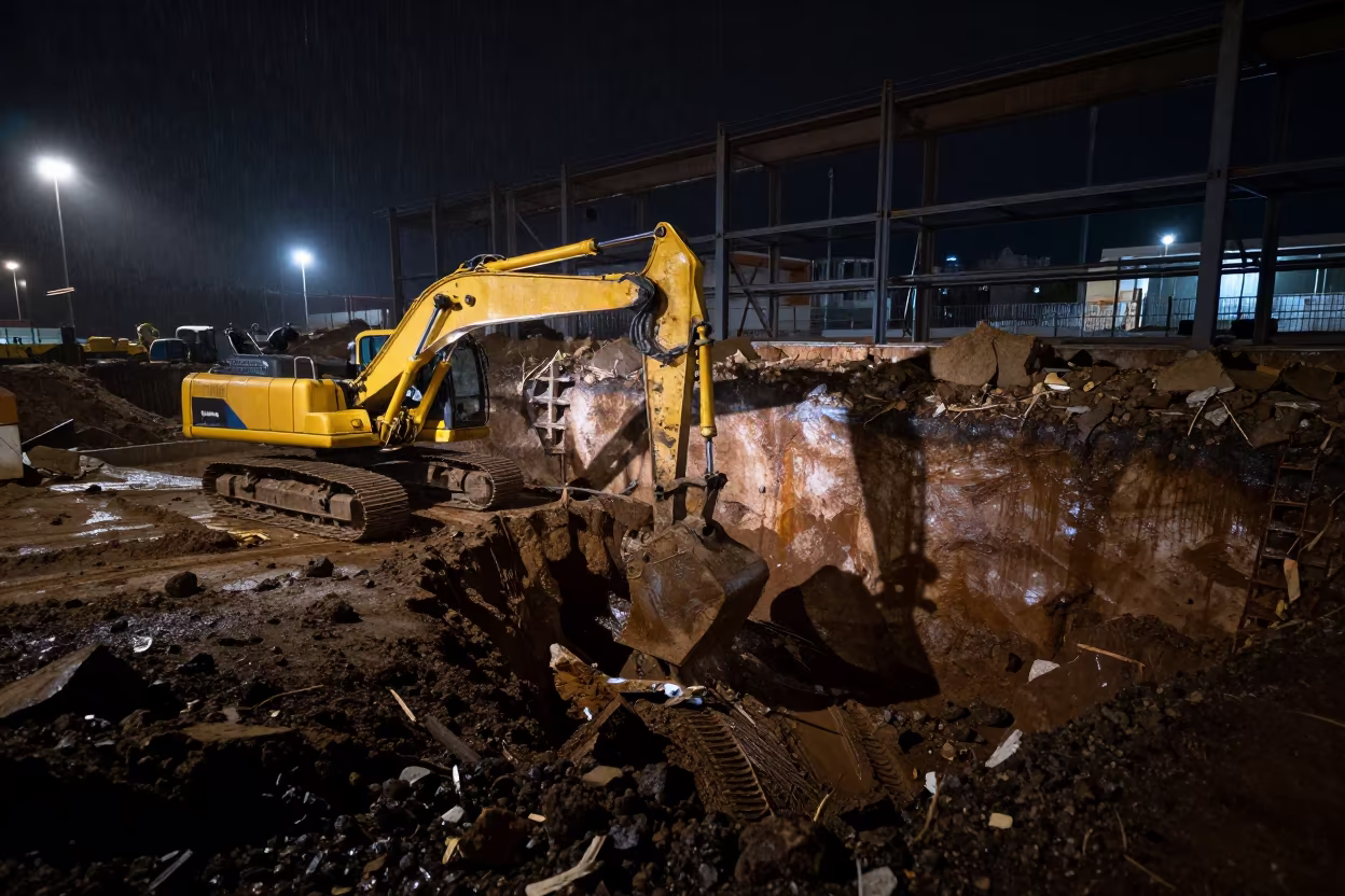 Night excavation of clay foundation trench in Turkey in beside exposed structural steel in Turkey