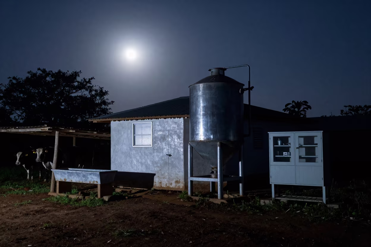 Night feed mixer silhouetted against moonlight in Honduras in near a windbreak and water trough in Honduras