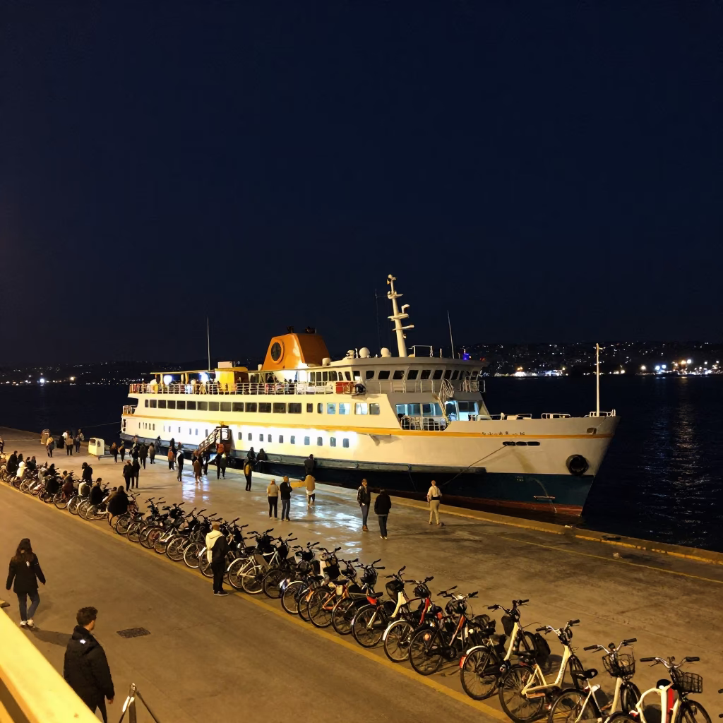 Night Ferry Loading Passengers and Bicycles at Izmir Harbor Under Deep Sky in in Izmir, Turkey