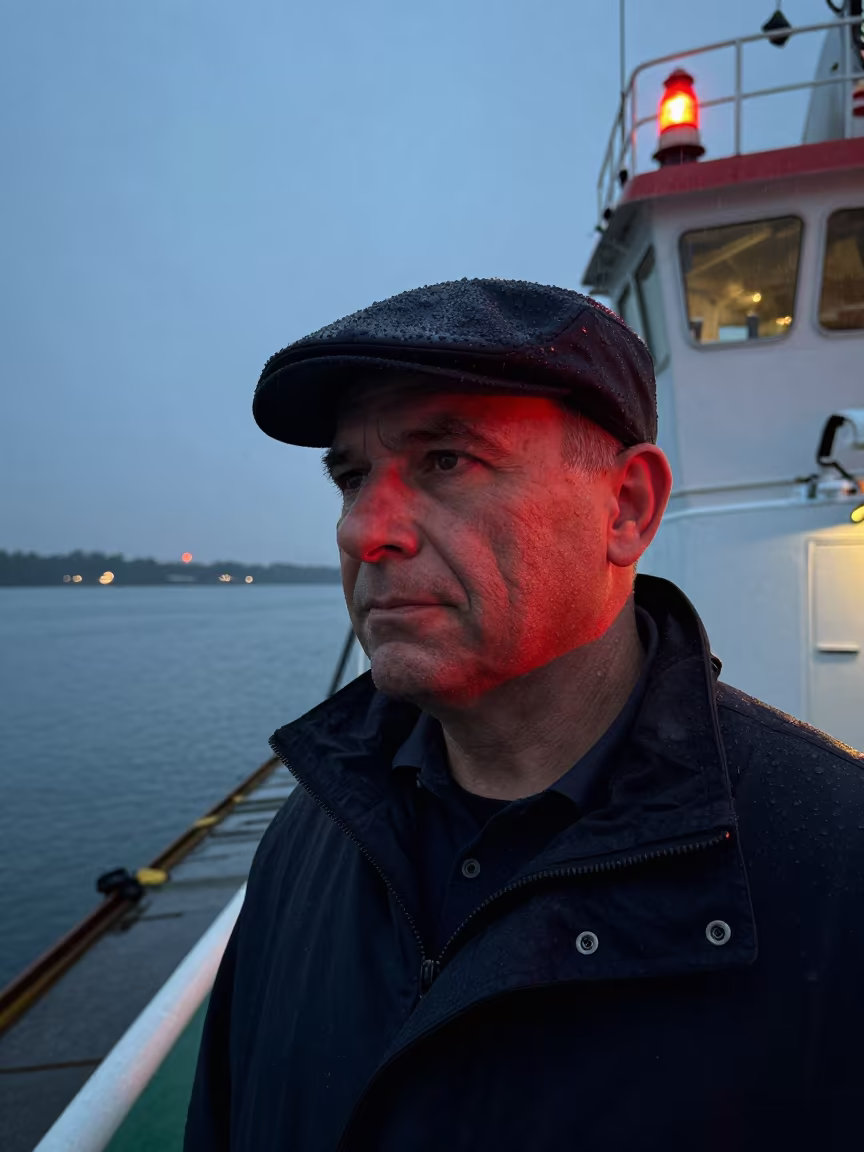 Night Ferry Pilot Lit by Navigation Light at Twilight in at a harbor edge in Ruda Śląska