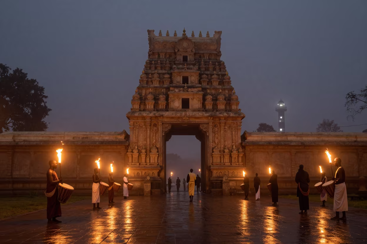 Night Festival Torches Drums Uganda Temple in in a temple courtyard in Uganda