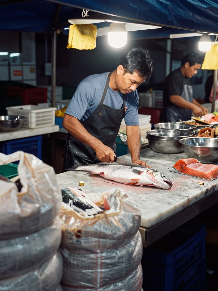 Night Filleting Salmon at Johor Bahru Market Counter in under a market canopy in Johor Bahru
