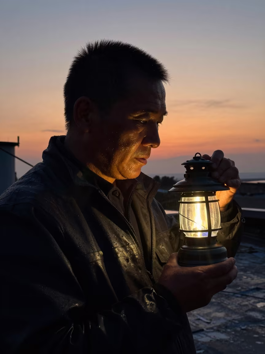 Night Fisherman Lantern Portrait Dessie Rooftop in along a windswept rooftop near Dessie
