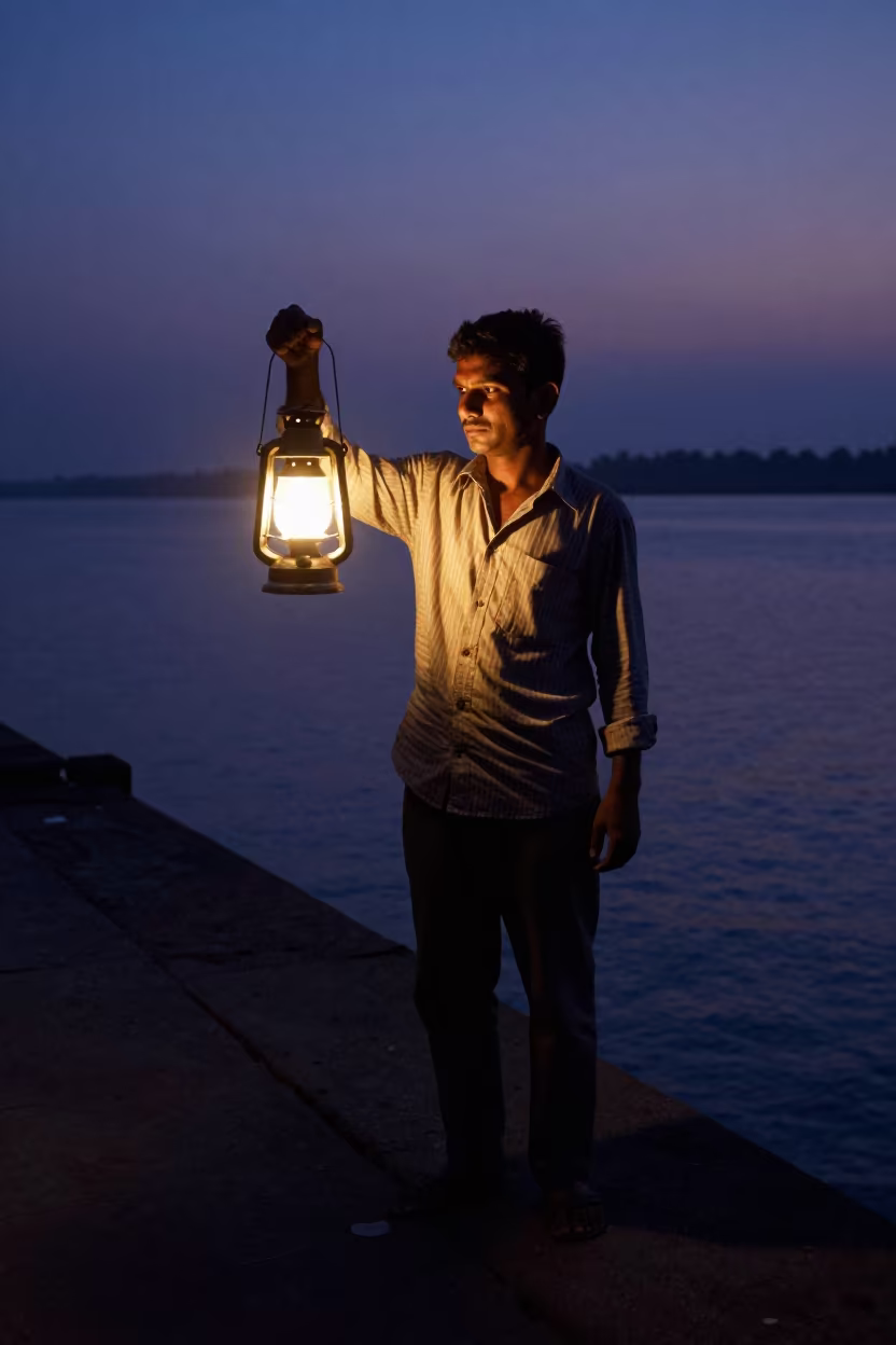 Night Fisherman Lantern Portrait Pune Harbor in beside a harbor wall near Pune