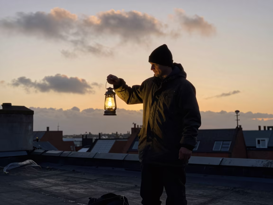 Night Fisherman Lantern Portrait Rooftop Liverpool in along a windswept rooftop near Liverpool