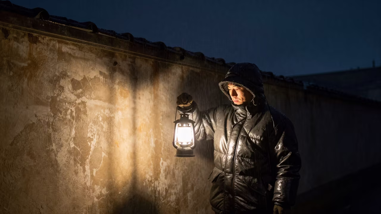 Night Fisherman Lantern Portrait Winter Nagoya in against a sun-bleached plaster wall near Nagoya