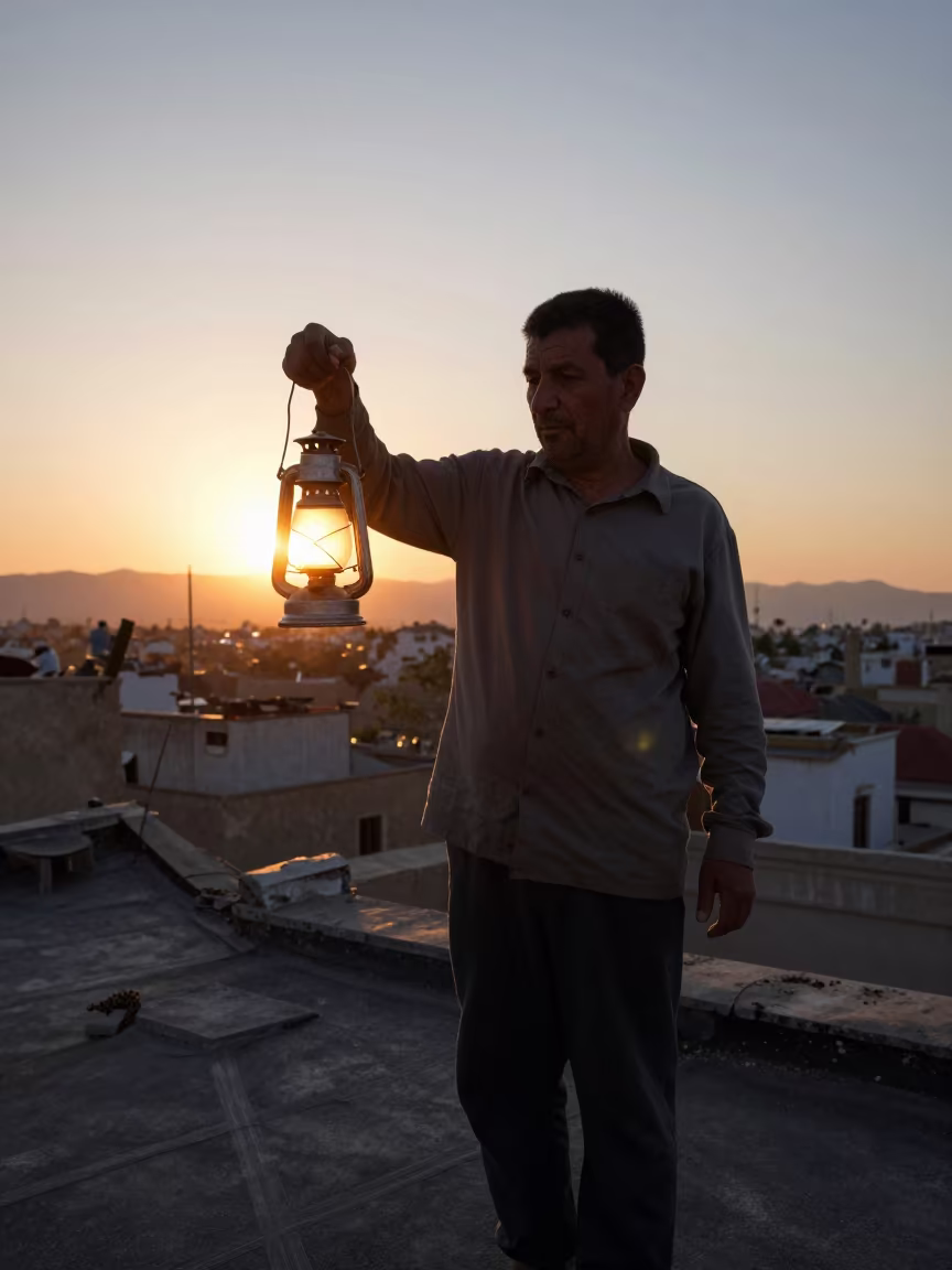 Night Fisherman Lantern Portrait on Rooftop in along a windswept rooftop near Afyonkarahisar