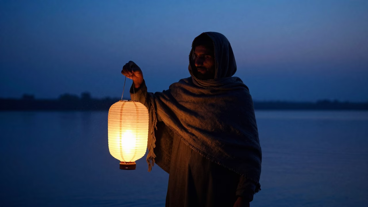Night Fisherman Lantern Silhouette in Indigo Twilight in at the edge of a village square near Vehari