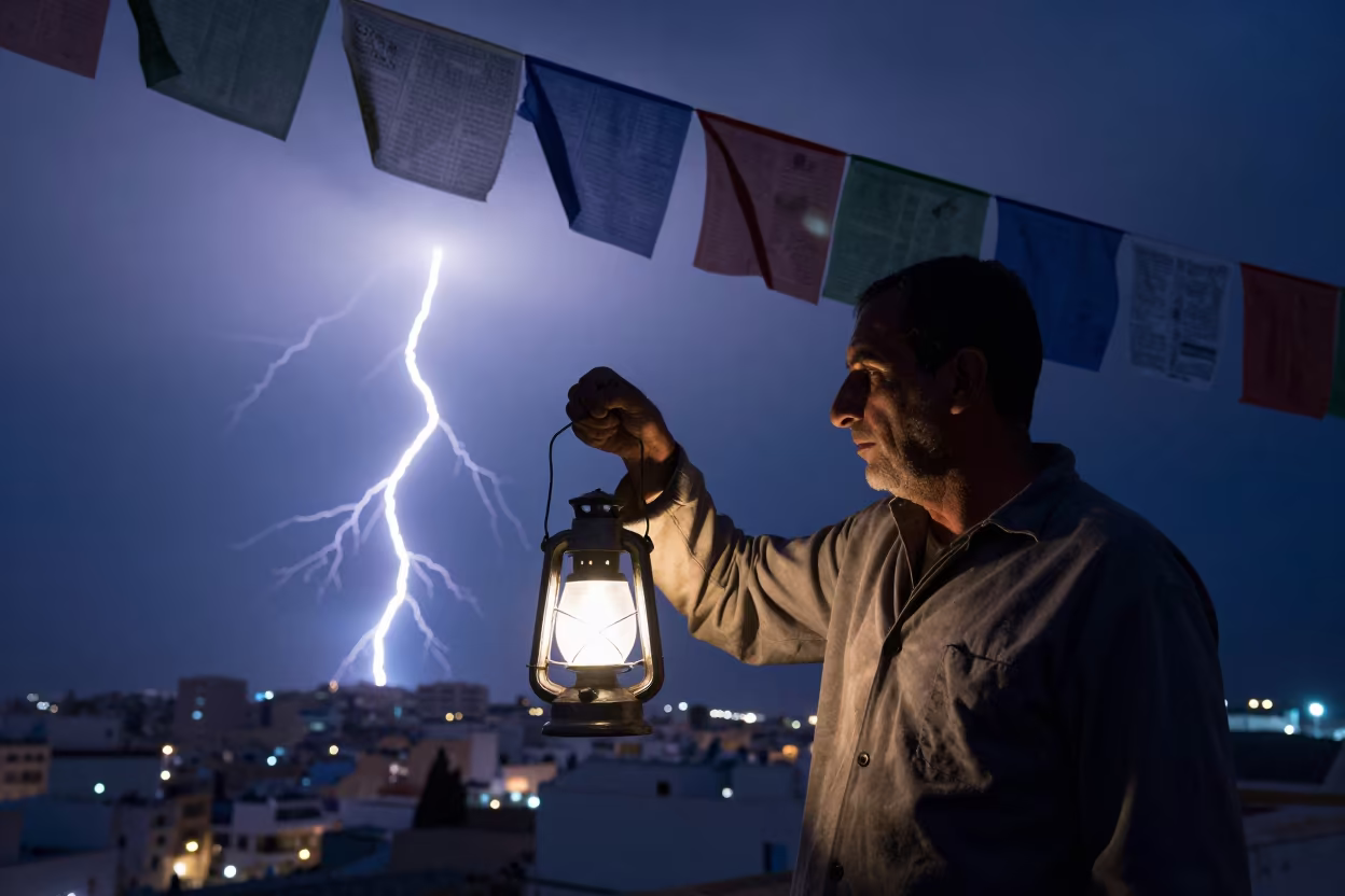 Night Fisherman Under Tunis Prayer Flags in beneath a line of prayer flags near Tunis