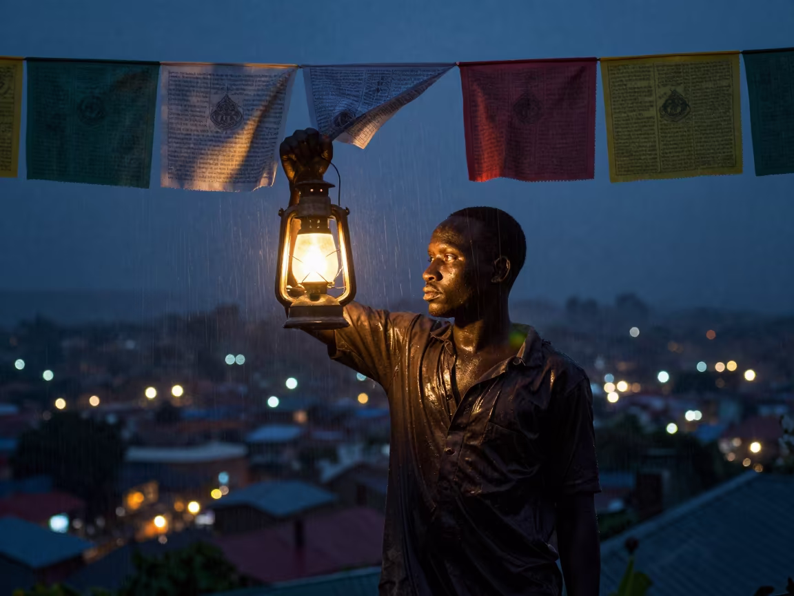 Night Fisherman Under Prayer Flags Mbanza Kongo in beneath a line of prayer flags near M'banza-Kongo