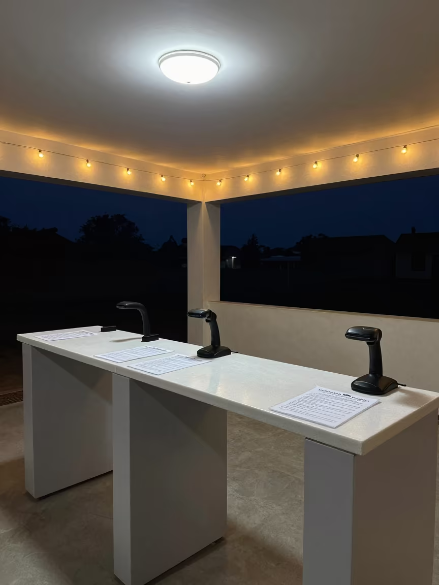 Night Fitness Desk with String Lights and Turnstile in at a gym check-in desk in Machakos
