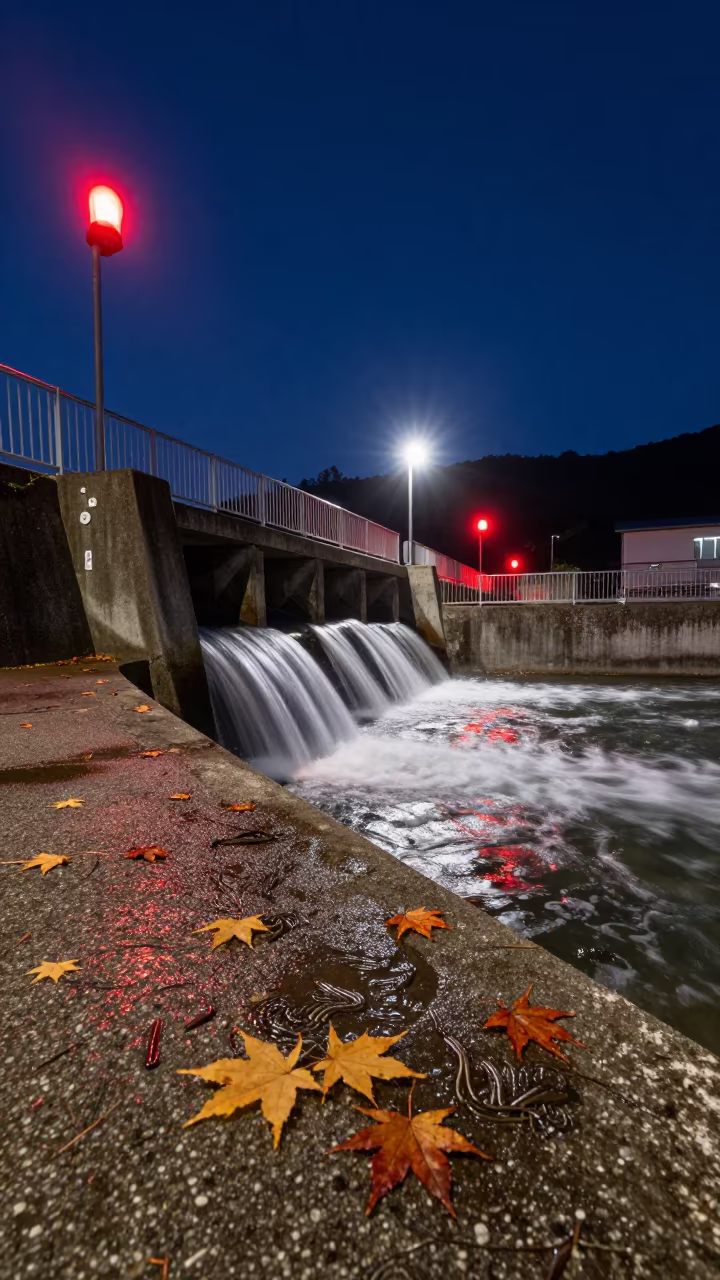 Night Floodlights on Autumn Dam Spillway in along a dam spillway near Toyama