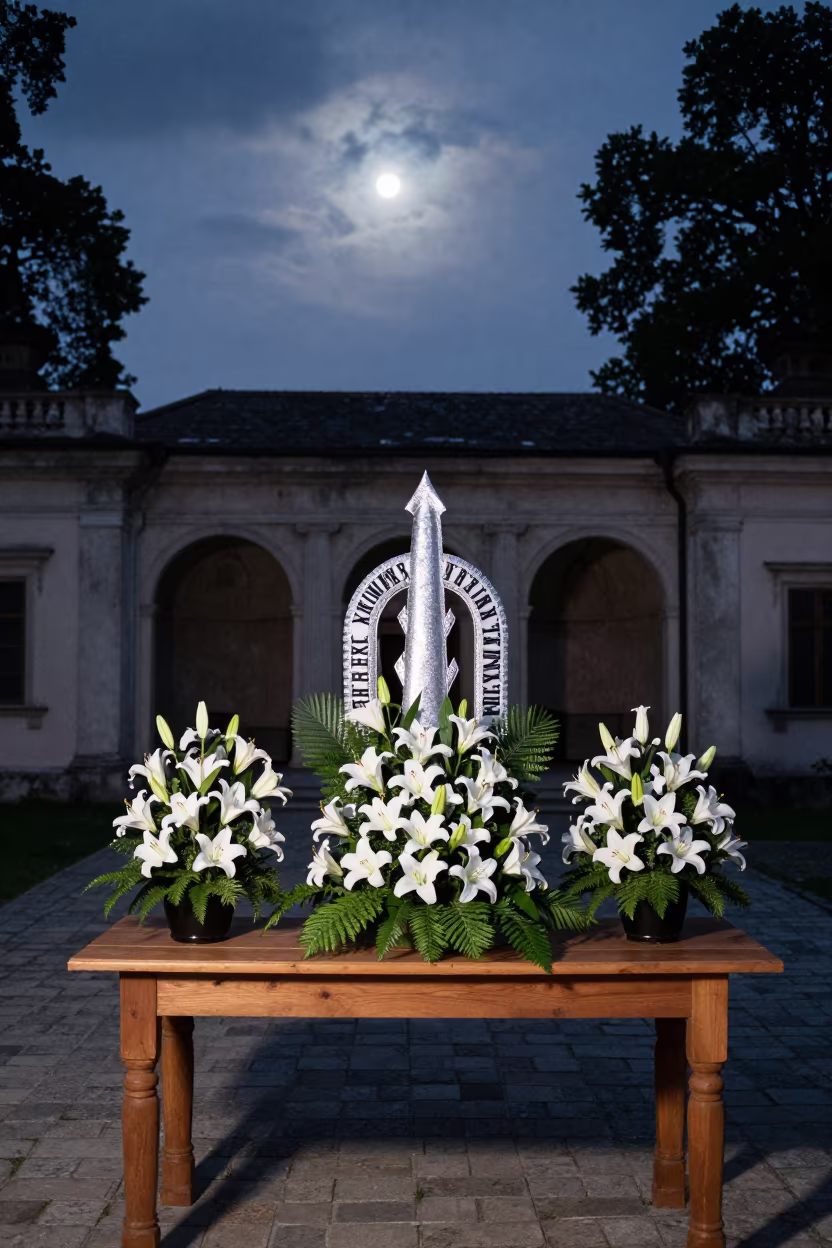 Night Floral Arrangement in Polish Temple Courtyard in in a temple courtyard in Dąbrowa Górnicza