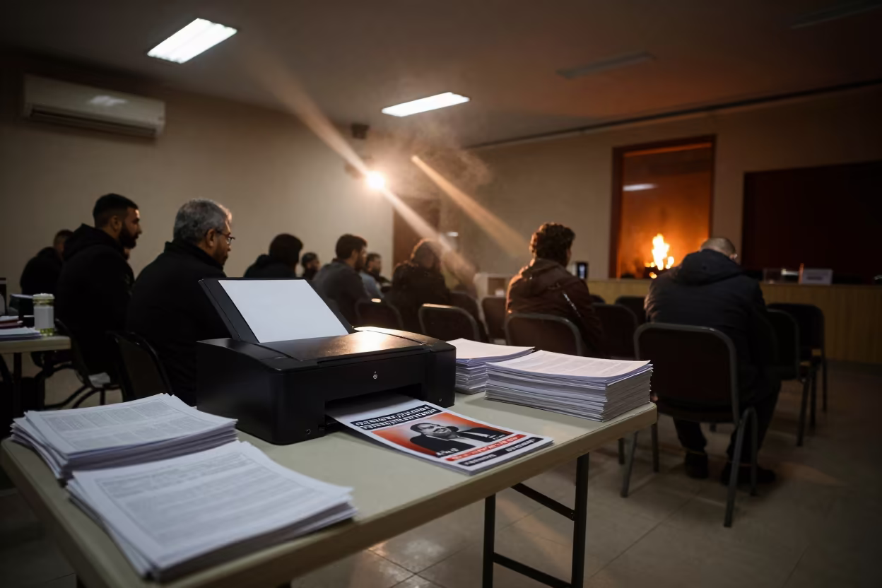 Night Flyers Printed at Beirut Campaign Office in in a fluorescent town hall meeting room near Beirut
