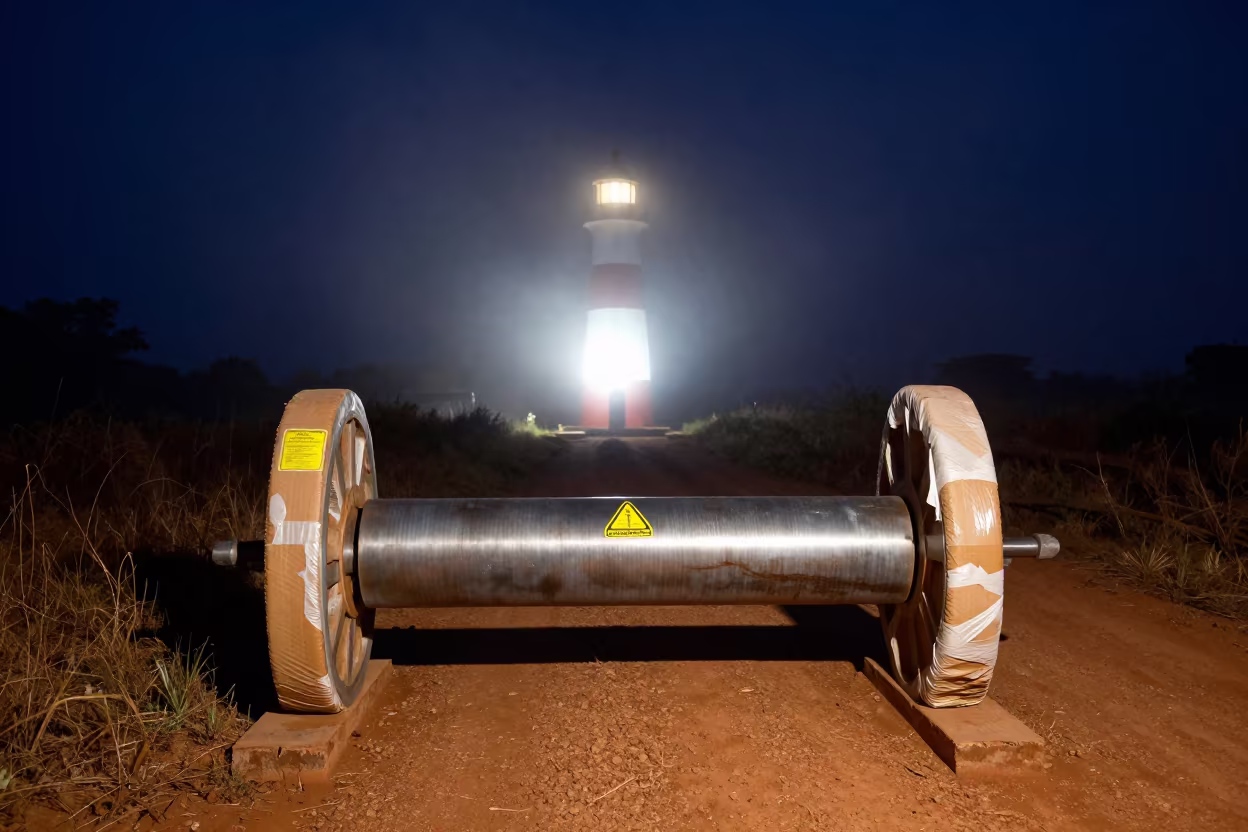 Night Fog Lighthouse Beam on Muddy Road Madagascar in at a muddy site access road in Madagascar