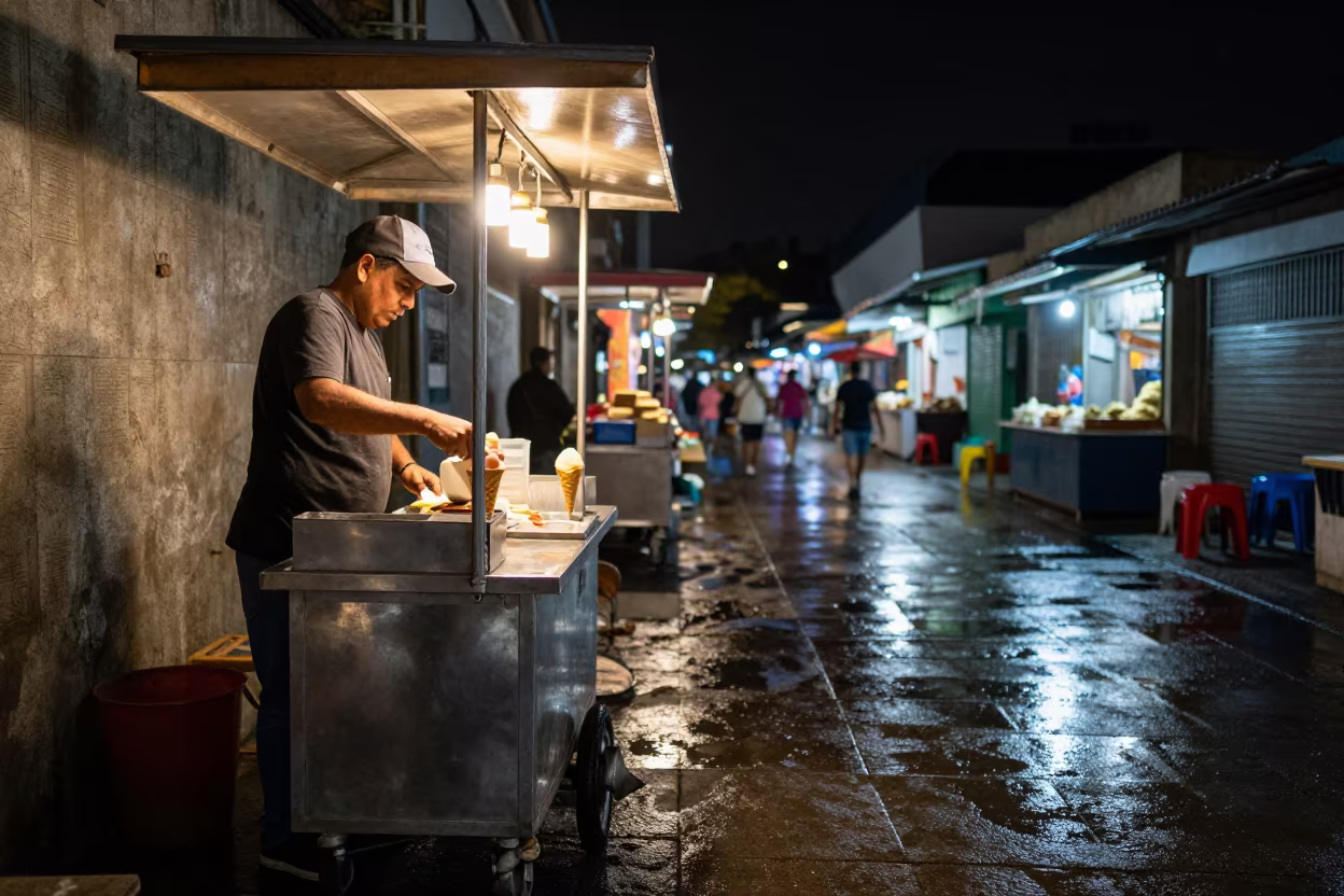 Night Gelato Vendor in Caracas Bazaar in in a covered bazaar aisle in Caracas