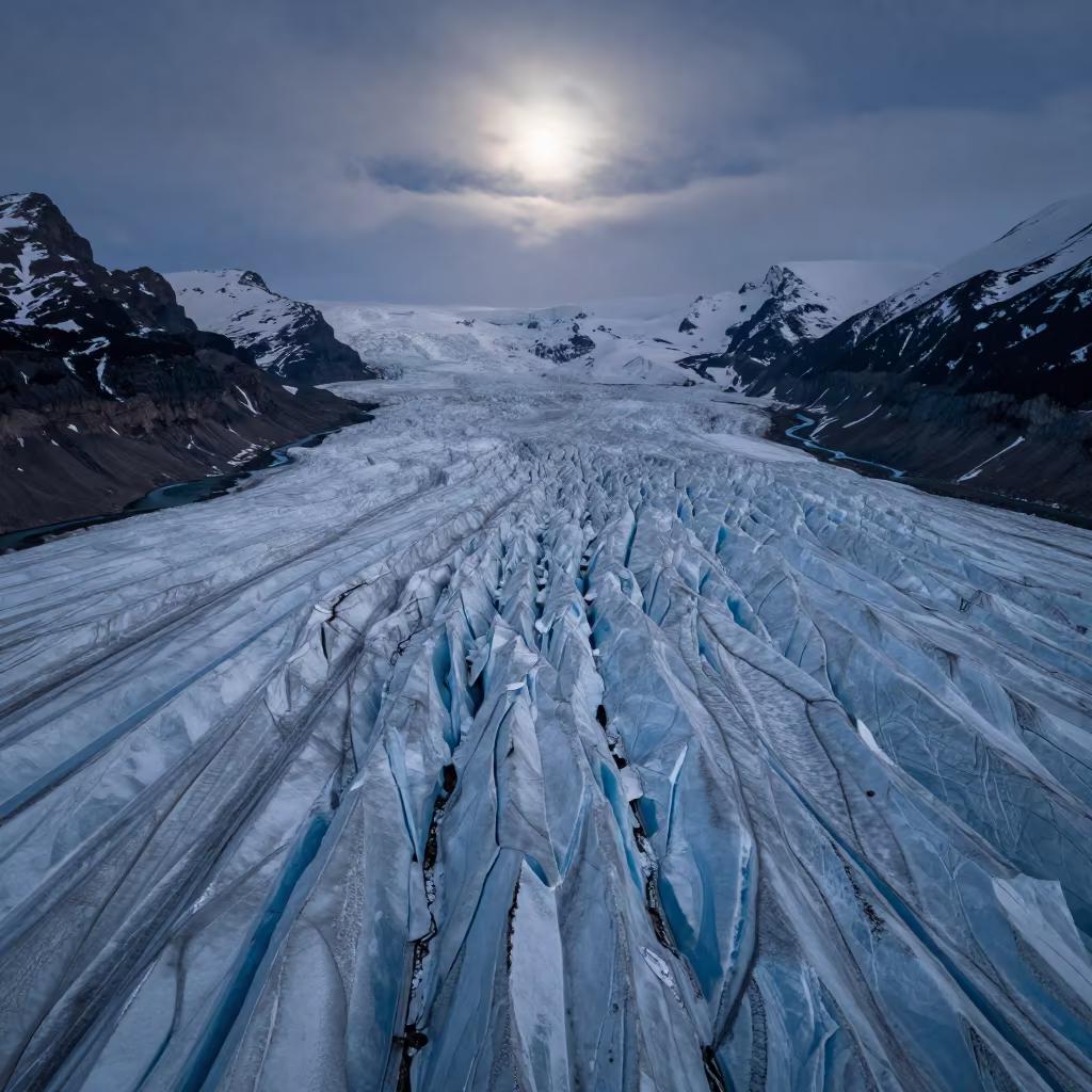 Night Glacier Blue Crevasses Alberta Aerial in far above river meanders in Alberta