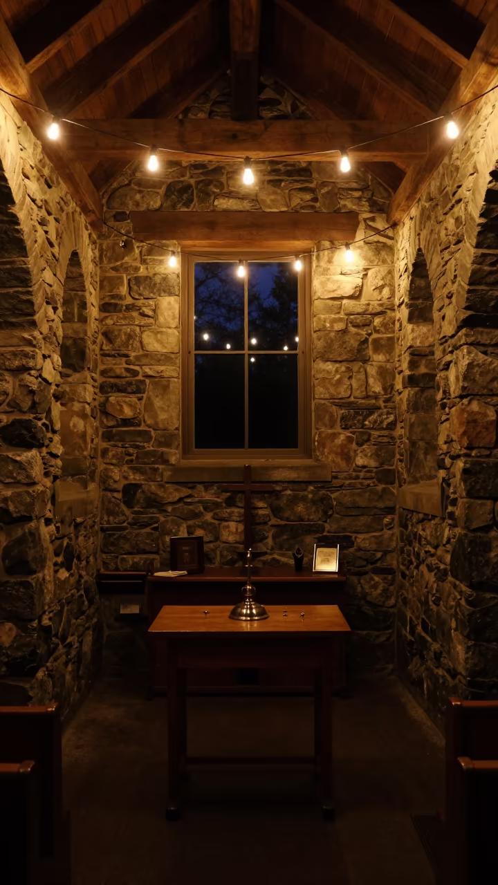 Night glow inside stone chapel with string lights in inside a stone chapel in Vancouver