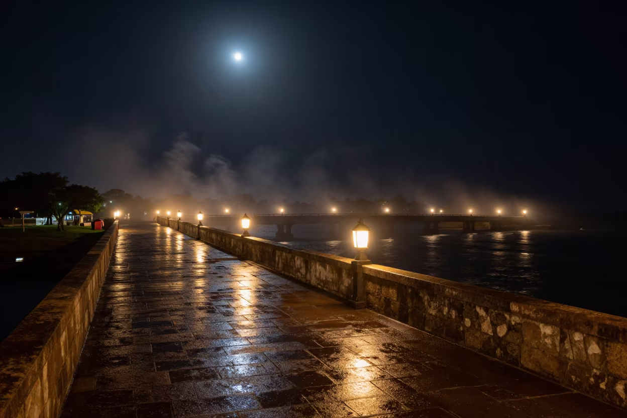 Night Harbor Bridge Wet Stone Eswatini in beside a lantern-dotted harbor in Eswatini