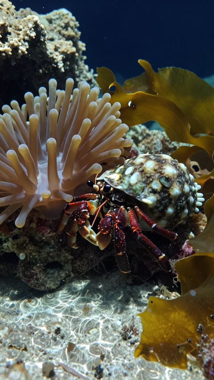 Night Hermit Crab Tide Pool Tel Aviv in through kelp fronds beside a rocky shelf in Dizengoff, Tel Aviv