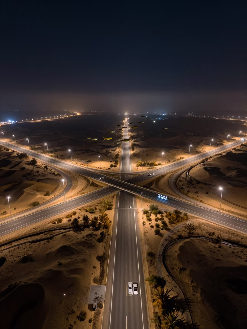 Night Highway Interchange With Flying Tropical Fish in above dune fields and dry wadis near Douma