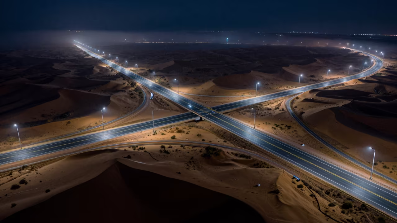 Night Highway Interchange Over Gusau Dunes in above dune fields and dry wadis near Gusau