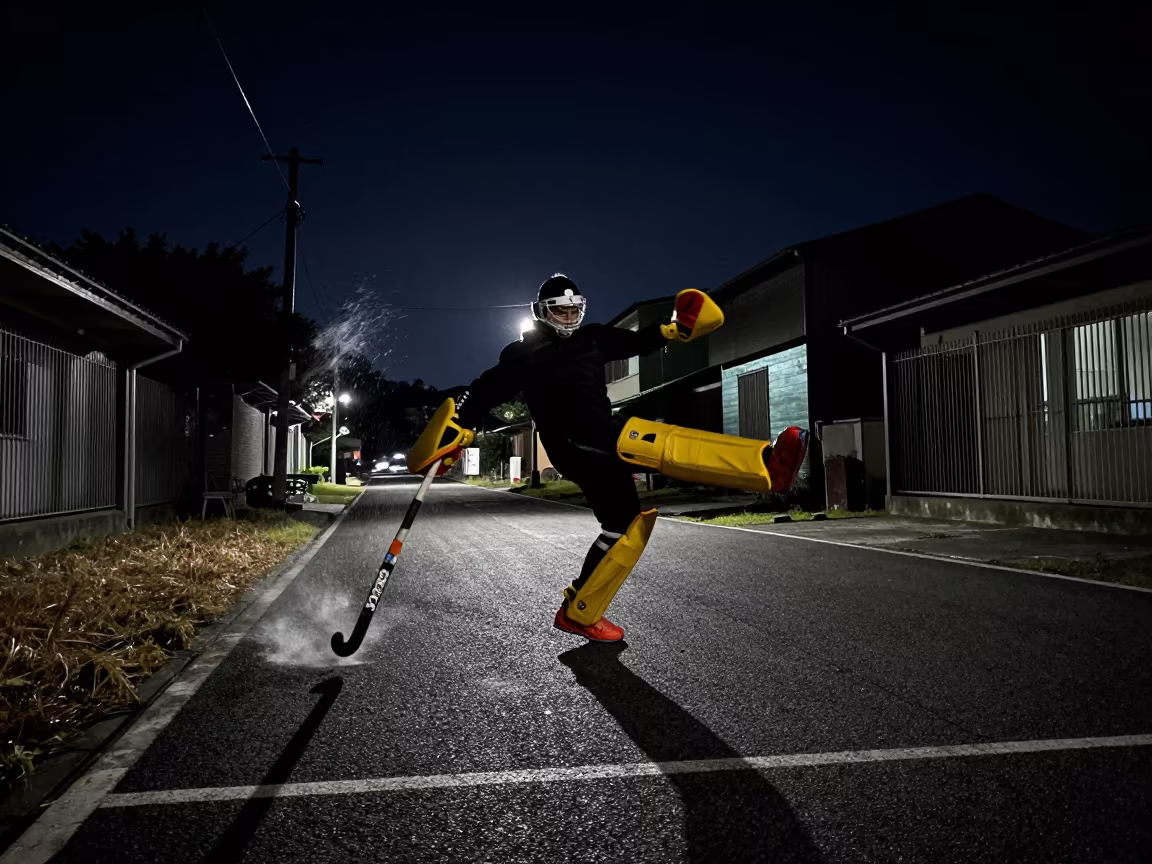 Night hockey goalkeeper kick Taichung in in a village lane near Taichung